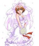  anezaki_mamori bare_shoulders bouquet bridal_veil bride brown_hair dress eyeshield_21 flower green_eyes highres sakurai_muto short_hair solo veil wedding_dress 