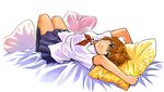  anezaki_mamori blue_eyes brown_hair eyeshield_21 kneehighs pillow sakurai_muto school_uniform short_hair skirt solo 