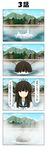  4koma antennae black_hair blue_sky building cloud comic day hair_ornament harbor hatsuyuki_(kantai_collection) highres kantai_collection long_hair looking_at_viewer mountain rappa_(rappaya) sky solo translated tree water 