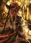  absurdres armor breasts brown_hair cleavage dappled_sunlight feathers forest from_below headdress headgear highres jewelry large_breasts nature necklace original purple_eyes shogo_(shogo) solo staff sunlight tattoo tree tribal tribal_tattoo weapon wristband 