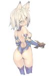  animal_ears ass bare_shoulders blade_(galaxist) blue_eyes blue_gloves blue_legwear blue_leotard breasts cropped_legs elbow_gloves from_behind gloves hair_between_eyes leotard looking_back original sideboob silver_hair simple_background small_breasts solo thighhighs white_background 