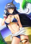  bare_shoulders beach bikini black_hair blush breasts day fusou_(kantai_collection) hair_ornament highleg highleg_bikini highleg_swimsuit highres kantai_collection large_breasts long_hair one_eye_closed red_eyes sarong shibata_rai smile solo swimsuit 