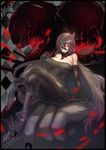  argyle argyle_background bangs bare_shoulders battleship_water_oni black black_dress black_hair blackmoon breasts bright_pupils covered_nipples crossed_bangs dress elbow_gloves gloves glowing glowing_eyes hair_between_eyes highres horn kantai_collection large_breasts long_hair looking_at_viewer no_shoes pantyhose red_eyes shinkaisei-kan sitting solo strapless strapless_dress 
