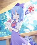  ascot bad_id bad_pixiv_id blue_dress blue_eyes blue_hair blush cirno dress food frills hair_ornament hair_ribbon highres ice ice_cream ice_wings kooribata looking_at_viewer no_nose one_eye_closed open_mouth puffy_sleeves ribbon shaved_ice short_hair short_sleeves smile solo spoon tantan_men_(dragon) touhou tree wings 
