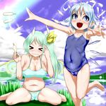  &gt;_&lt; ahoge belly bikini blue_eyes blue_hair blush brain_freeze breasts cameltoe cirno closed_eyes competition_school_swimsuit covered_navel daiyousei fairy_wings flat_chest food green_hair hair_ribbon ice ice_wings kuranosuke large_breasts multiple_girls one-piece_swimsuit open_mouth outstretched_arms plump popsicle ribbon school_swimsuit side_ponytail sitting standing standing_on_one_leg swimsuit touhou wariza wet wings 