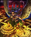  arm_cannon azuki_(azuki-taste) bird_wings black_hair black_wings bow breasts broken_ground evil_grin evil_smile grin hair_bow highres large_breasts lightning long_hair looking_at_viewer mismatched_footwear mismatched_legwear molten_rock puffy_short_sleeves puffy_sleeves red_eyes reiuji_utsuho shirt short_sleeves single_thighhigh skirt smile solo thighhighs third_eye touhou very_long_hair weapon wings 