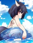  animal_ears ass bikini black_hair butt_crack dog_ears from_behind innertube looking_back original red_eyes short_hair side-tie_bikini solo swimsuit tail wading water yuuki_(yuyuki000) 