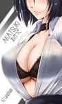  akatsuki_akane black_bra black_hair bra breasts center_opening character_request choker cleavage commentary_request copyright_request covered_nipples large_breasts midriff short_hair solo sweat underwear upper_body 