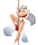  1girl alternate_costume bare_shoulders blue_eyes breasts breasts_outside center_opening cigarette earrings elbow_gloves gloves high_ponytail huge_breasts jewelry long_hair looking_at_viewer navel nipples pole pole_dancing ponytail pose posing rwby shoes shonomi side_ponytail simple_background smoking solo tattoo thighhighs very_long_hair weiss_schnee white_background white_hair 