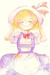  artist_name blonde_hair closed_eyes hands_on_headwear hat hat_ribbon kana_anaberal ribbon shiz_(#0077) smile solo touhou touhou_(pc-98) traditional_media twitter_username 
