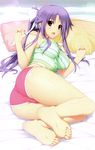  absurdres ass bare_legs barefoot bed_sheet bow boyshorts breasts brown_eyes camisole feet foreshortening hair_bow highres iizuki_tasuku indoors large_breasts long_hair looking_at_viewer lovely_x_cation_2 lying narukawa_hime on_bed on_side open_mouth pantylines pillow ponytail purple_hair scan shiny shiny_skin shorts sidelocks soles solo strap_slip toes 