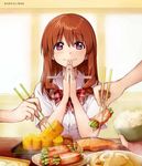  asparagus bangs blush bow bowl bowtie brown_hair chopsticks food food_request hair_between_eyes highres jpeg_artifacts kawai_makoto koufuku_graffiti long_hair machiko_ryou official_art omelet pink_eyes plaid plaid_neckwear rice rice_bowl salmon school_uniform smile solo_focus tamagoyaki 