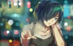  blue_eyes blue_hair building collarbone copyright_name finger_writing fuurin hair_over_one_eye kirishima_touka lights lips parted_lips reflection short_hair skyscraper solo tokyo_ghoul tokyo_ghoul:re window writing 