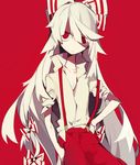  bangs blunt_bangs fujiwara_no_mokou hair_ribbon hand_in_pocket higa423 long_hair no_nose red_background red_eyes ribbon simple_background sleeves_rolled_up solo suspenders touhou tress_ribbon very_long_hair white_hair 