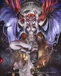  1girl armor arms_up bikini_armor bridal_gauntlets demon_wings final_fantasy grey_skin horns jugemt looking_at_viewer midair mobius_final_fantasy monster_girl navel official_art red_eyes red_hair solo square_enix stomach succubus wings 