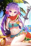  beach bikini blonde_hair blush day flower food fruit green_hair hair_flower hair_ornament hair_ribbon innertube long_hair multiple_girls navel open_mouth palm_tree pintail purple_eyes purple_hair ribbon sitting swimsuit sword sword_girls tree twintails watermelon weapon whoisshe 