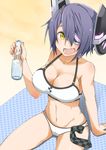  b-man bikini bottle checkered checkered_neckwear eyepatch kantai_collection necktie purple_hair ramune short_hair sitting solo swimsuit tenryuu_(kantai_collection) yellow_eyes 