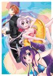  2girls ahoge belt bikini blue_hair blush breasts brown_hair cleavage formal gachimatsu hair_ornament innertube kazanari_tsubasa large_breasts long_hair long_sleeves multiple_girls necktie ogawa_shinji_(symphogear) one_side_up open_mouth pants purple_eyes purple_hair scrunchie senki_zesshou_symphogear short_hair smile swimsuit twintails yellow_eyes yukine_chris 