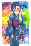  blue_hair blush coin_rand crossdressing flower hair_flower hair_ornament japanese_clothes kimono male_focus original otoko_no_ko red_eyes smile solo 