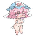  arm_behind_back belly bikini blush breasts chibi covering_mouth eyebrows fan fat_folds folding_fan full-face_blush hat kureha_mitsushige large_breasts looking_at_viewer micro_bikini pink_eyes pink_hair plump saigyouji_yuyuko sandals short_hair skindentation solo sweat swimsuit thick_eyebrows thick_thighs thighs touhou triangular_headpiece 