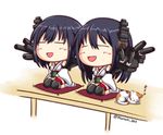  akatsuki_akane bare_shoulders black_hair cannon cat chibi closed_eyes cup detached_sleeves fusou_(kantai_collection) hair_ornament japanese_clothes kantai_collection multiple_girls nontraditional_miko open_mouth seiza sitting smile turret twitter_username yamashiro_(kantai_collection) yunomi 