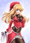  akatsuki_akane alternate_costume atago_(kantai_collection) blonde_hair blush bodysuit breasts center_opening cleavage commentary_request covered_navel green_eyes hat highres kantai_collection large_breasts long_hair looking_at_viewer open_mouth pantyhose sack santa_costume santa_hat skin_tight smile snowflakes solo twitter_username 