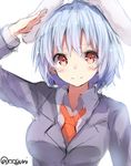  animal_ears arm_up blue_hair blush bunny_ears colorized jacket long_sleeves looking_at_viewer necktie red_eyes reisen salute short_hair simple_background sketch smile solo touhou twitter_username upper_body vest white_background wowoguni 