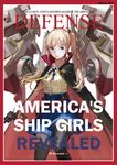  2015 aiguillette america artist_name belt black_legwear black_ribbon blonde_hair blue_eyes blue_ribbon blue_skirt border brand_name_imitation cape cover dated dress_shirt english fake_cover gun hair_ribbon handgun holding holding_gun holding_weapon jeanex kantai_collection long_hair machinery magazine_cover original pacific red_border revolver ribbon shirt skirt solo star thighhighs time_(magazine) turret twintails us_navy uss_nevada_(bb-36) weapon zettai_ryouiki 