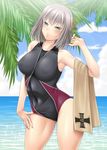  adjusting_clothes adjusting_swimsuit ayato beach blue_eyes blush cloud cloudy_sky commentary competition_swimsuit day emblem girls_und_panzer highres itsumi_erika kuromorimine_(emblem) lens_flare long_hair looking_at_viewer ocean one-piece_swimsuit outdoors palm_tree short_hair silver_hair sky solo standing swimsuit towel tree 