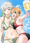  adapted_costume alcohol alternate_costume arm_up armpits ass asymmetrical_hair beer beer_mug bikini black_bikini blonde_hair braid breast_press breasts cloud cloudy_sky colored_eyelashes cup day foam green_bikini green_eyes hair_between_eyes hair_ornament holding holding_cup jitome kantai_collection large_breasts long_hair looking_at_viewer midriff mrdotd multiple_girls one_eye_closed open_mouth prinz_eugen_(kantai_collection) ribs short_twintails silver_hair single_braid sky smile swimsuit twintails unryuu_(kantai_collection) very_long_hair yellow_eyes 
