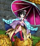  amanomiya_jun androgynous black_eyes black_hair boots bow bowtie cape hakama headset japanese_clothes len'en polka_dot short_hair smile solo tonntanukiunagiinu umbrella 