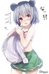  animal_ears blush bra colorized embarrassed green_hair highres mouse_ears nazrin no_tail open_mouth red_eyes shirt_removed short_hair simple_background sketch skirt solo tears text_focus touhou twitter_username underwear white_background wowoguni 