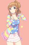  :3 brown_eyes brown_hair hair_ornament highres idolmaster idolmaster_cinderella_girls jacket long_hair loungewear moroboshi_kirari multicolored multicolored_clothes multicolored_jacket multicolored_stripes pom_pom_(clothes) ponytail skirt smile snowflyer solo star star_hair_ornament striped striped_hoodie 