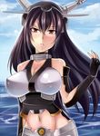  bare_shoulders black_hair breasts cleavage commentary_request elbow_gloves fingerless_gloves gloves hairband headgear kantai_collection large_breasts long_hair megane_man midriff nagato_(kantai_collection) red_eyes solo 
