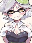  1girl bad_id bad_twitter_id black_dress blush breast_suppress breasts cleavage collarbone detached_collar dress fangs gloves grin hair_rings hands_on_own_chest hotaru_(splatoon) looking_at_viewer medium_breasts mera_(keel) object_on_head short_hair silver_hair smile solo splatoon_(series) splatoon_1 strapless strapless_dress symbol-shaped_pupils twitter_username upper_body white_gloves yellow_eyes 