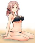  arm_support bad_id bad_pixiv_id bare_arms bare_legs bare_shoulders barefoot bikini black_bikini breasts confusing from_side halter_top halterneck jitome kunichika_yuu large_breasts light_smile looking_at_viewer navel o-ring o-ring_top pink_eyes pink_hair ponytail sitting solo swimsuit underboob wariza world_trigger 