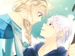  1girl bad_id bad_pixiv_id blue_eyes crossover elsa_(frozen) frozen_(disney) hood hoodie jack_frost_(rise_of_the_guardians) long_hair looking_at_another power_connection rise_of_the_guardians ryoo_(nihosi) silver_hair staff 