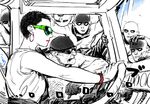  6+boys ace_(mad_max) earrings imperator_furiosa jewelry kotteri lipstick mad_max mad_max:_fury_road makeup mechanical_arm multiple_boys short_hair sound_effects sunglasses through_window very_short_hair 