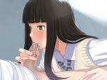  1girl benzou black_eyes black_hair blush censored cum cum_in_mouth fellatio gradient gradient_background hentai_kyoudai_~chotto_kachiki_de_h_na_imouto_wo_kankei_ni_hamete_h_sasechau_ohanashi~ highres hime_cut long_hair long_sleeves looking_at_another lying mosaic_censoring nail_polish necktie no_pants okashimo oral penis pink_nails school_uniform solo_focus 