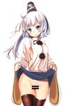  black_legwear breasts censored hat long_hair long_sleeves looking_at_viewer mononobe_no_futo no_panties oimo_(imoyoukan) ponytail pussy shirt sideboob silver_hair simple_background skirt skirt_lift small_breasts smile solo touhou underwear white_background wide_sleeves 