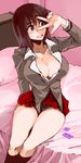  bed breasts cleavage condom cosaten covering_face highres large_breasts panties pleated_skirt red_skirt school_rumble school_uniform sitting skirt solo suou_mikoto sweatdrop underwear v 