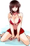  :d barefoot bikini black_eyes black_hair breasts cleavage cosaten frilled_bikini frills highres large_breasts navel open_clothes open_mouth pleated_skirt red_bikini red_skirt school_rumble sitting skirt smile solo suou_mikoto swimsuit wariza 