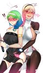  /\/\/\ 2girls @_@ ass_grab backless_outfit black_legwear blonde_hair blue_hair blush bodysuit braid breasts brown_legwear collar contrapposto covered_nipples dress drooling earrings english erz_witt fishnet_gloves fishnets full-face_blush futa_with_female futanari glasses gloves grabbing_another's_ass gradient_hair green_hair groping hair_over_shoulder hairband hand_on_another's_shoulder heavy_breathing highres hip_vent jewelry kairos+ katana large_breasts multicolored_hair multiple_girls ninja no_bra no_panties original pantyhose pelvic_curtain penis pink_eyes pink_hair poking poking_with_penis ram_che red-framed_eyewear red_eyes saliva semi-rimless_eyewear sideboob single_braid standing strapless strapless_dress sword thighhighs trembling tube_dress under-rim_eyewear wavy_mouth weapon white_background 