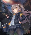  1girl 2drr :d armband bag bangs black_jacket black_legwear black_skirt blue_sky blush brown_eyes brown_hair commentary day dress_shirt eyebrows_visible_through_hair girls_frontline gun h&amp;k_ump45 hair_between_eyes hair_ornament hand_on_hip heckler_&amp;_koch highres holding holding_gun holding_weapon jacket long_hair long_sleeves looking_at_viewer object_namesake one_side_up open_clothes open_jacket open_mouth outdoors pantyhose pleated_skirt scar scar_across_eye shirt skirt sky smile solo standing submachine_gun ump45_(girls_frontline) very_long_hair weapon white_shirt 