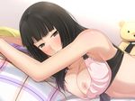  areolae bare_shoulders bed benzou black_eyes black_hair blush bra bra_pull breast_press breasts female gradient gradient_background hentai_kyoudai_~chotto_kachiki_de_h_na_imouto_wo_kankei_ni_hamete_h_sasechau_ohanashi~ highres hime_cut large_breasts long_hair looking_at_viewer lying nipples okashimo on_side pillow solo teddy_bear underwear upper_body 