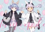  2girls animal_ears blue_hair bunny_ears choker cross dress gray_hair green_eyes hat long_hair original pantyhose purple_eyes short_hair thighhighs twintails waifu2x wasabi_(sekai) zettai_ryouiki 