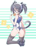  animal_ears apron ass black_hair black_legwear blue_eyes blush cat_ears cat_tail doughnut flower_(symbol) food food_in_mouth from_behind full_body glasses maid_headdress mouth_hold one-piece_swimsuit pop'n_music root@chou_dou-ken shouni_(sato3) solo swimsuit tail thighhighs twintails 