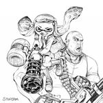  1girl bald bandolier bullet commentary crossover fingerless_gloves gatling_gun gloves greyscale grin gun heavy_splatling_(splatoon) ink_tank_(splatoon) inkling minigun monochrome pointy_ears skirt smile splatoon_(series) splatoon_1 stup-jam team_fortress_2 tentacle_hair the_heavy vest weapon 