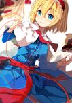  adapted_costume alice_margatroid alternate_costume blonde_hair blue_dress blue_eyes blurry blush capelet colorized doll dress dutch_angle faceless hairband long_sleeves necktie puppet_strings ribbon sash shanghai_doll short_hair simple_background sketch smile solo touhou white_background yosu 