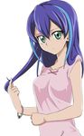  blue_hair bracelet camisole green_eyes hair_down hijiri-tukasa jewelry long_hair multicolored_hair serena_(yuu-gi-ou_arc-v) simple_background solo two-tone_hair upper_body white_background yuu-gi-ou yuu-gi-ou_arc-v 